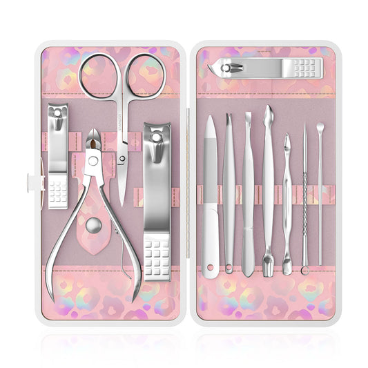 Nail Clippers Kit Manicure Pedicure Set with Holographic Case(Pink)
