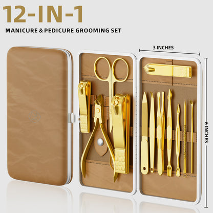 Professional Nail Care Kit, 12-Piece Manicure & Pedicure Grooming Set with Travel Case, Stainless Steel Nail Clippers, Cuticle Trimmer & Beauty Tools, Portable Gift Set(Gold)