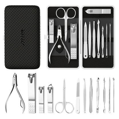 Manicure, Pedicure Kit, Nail Clippers Set of 12Pcs, Professional Grooming Kit, Nail Tools with Luxurious Travel Case Black