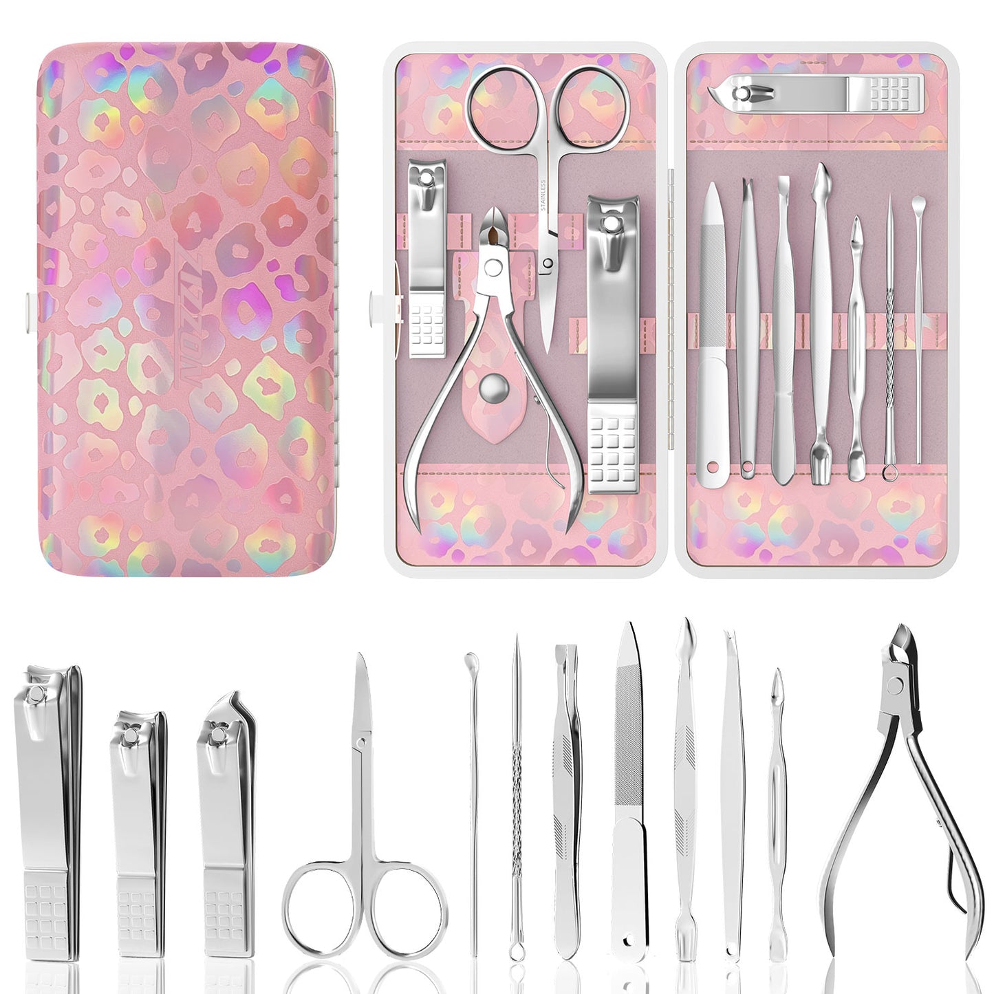 Nail Clippers Kit Manicure Pedicure Set with Holographic Case(Pink)