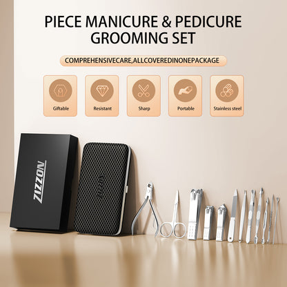 Manicure, Pedicure Kit, Nail Clippers Set of 12Pcs, Professional Grooming Kit, Nail Tools with Luxurious Travel Case Black