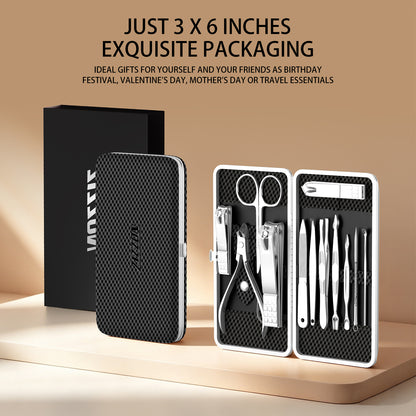 Manicure, Pedicure Kit, Nail Clippers Set of 12Pcs, Professional Grooming Kit, Nail Tools with Luxurious Travel Case Black