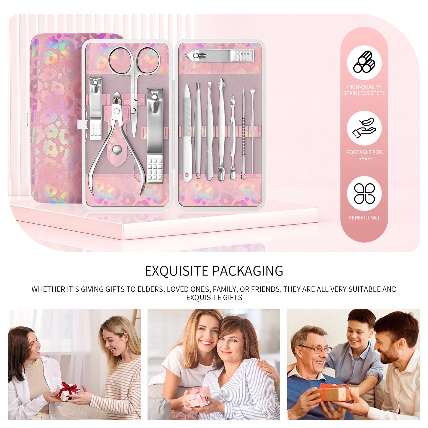Nail Clippers Kit Manicure Pedicure Set with Holographic Case(Pink)
