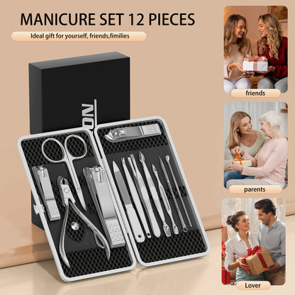 Manicure, Pedicure Kit, Nail Clippers Set of 12Pcs, Professional Grooming Kit, Nail Tools with Luxurious Travel Case Black