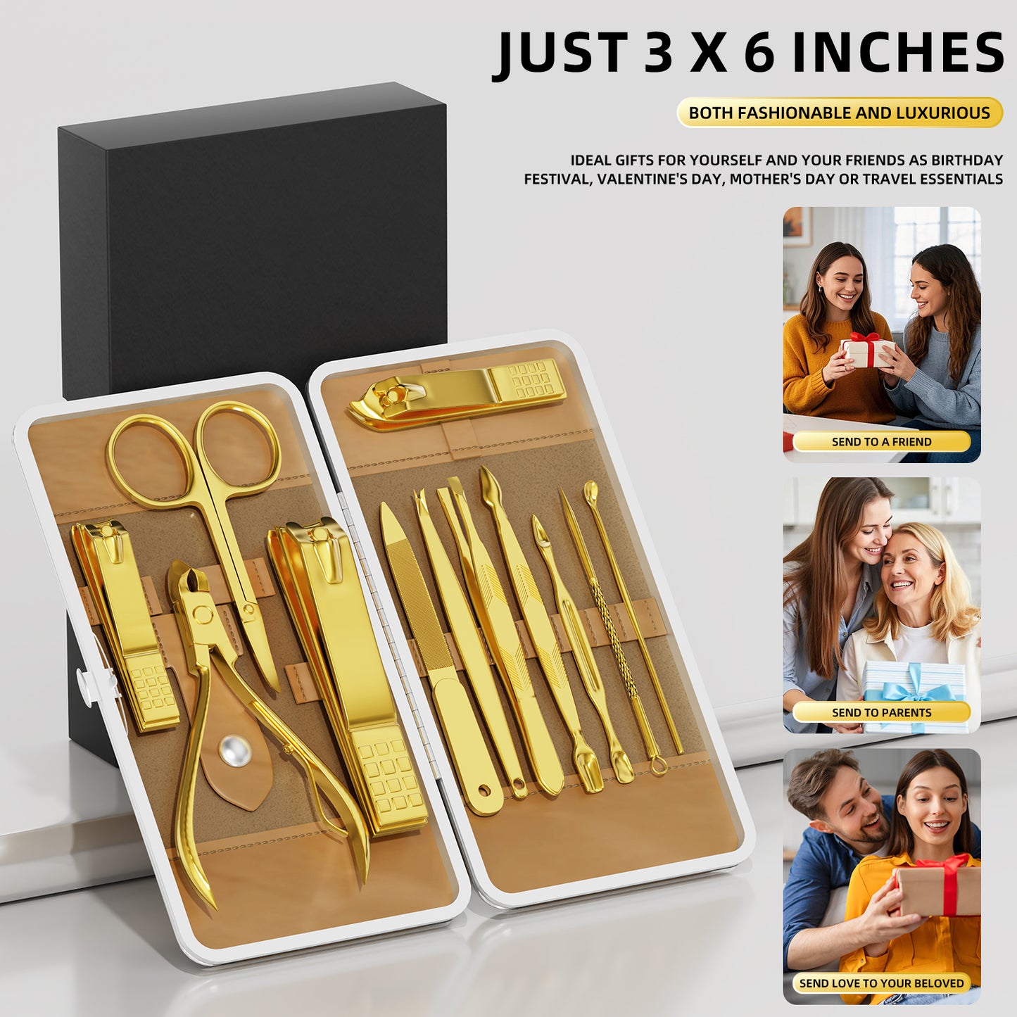 Professional Nail Care Kit, 12-Piece Manicure & Pedicure Grooming Set with Travel Case, Stainless Steel Nail Clippers, Cuticle Trimmer & Beauty Tools, Portable Gift Set(Gold)