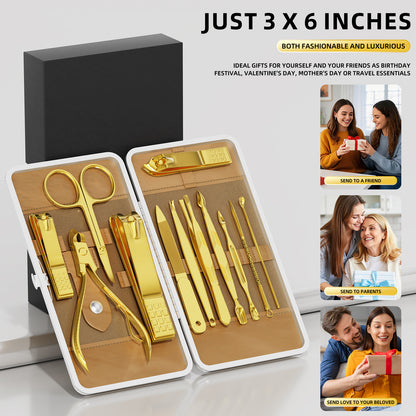 Professional Nail Care Kit, 12-Piece Manicure & Pedicure Grooming Set with Travel Case, Stainless Steel Nail Clippers, Cuticle Trimmer & Beauty Tools, Portable Gift Set(Gold)
